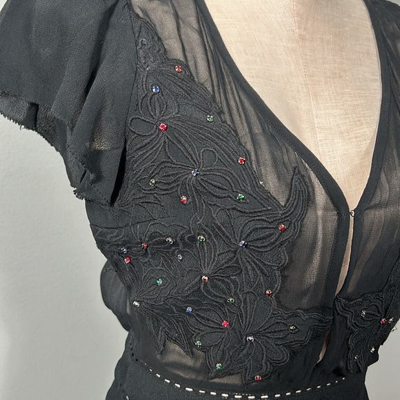 Vintage Cleobella Black Chiffon Open Back Elegant Embroidered Asymmetrical Dress - Picture 14 of 17